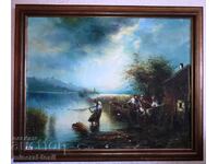 Oil painting - fishermen catch fish with a net, boats, sea
