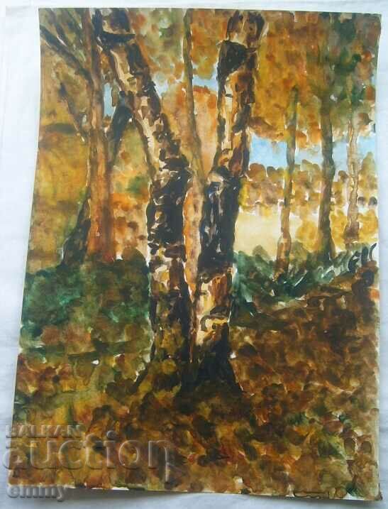 Рисунка акварел пейзаж, гора, дървета. 1993 г.