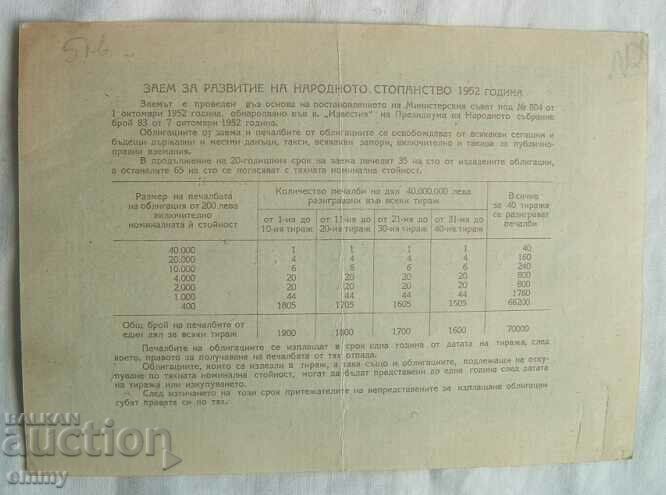 Auction Bond State Development Loan 1952 - BGN 20 Auction Bond State Development Loan 1952 - BGN 20
