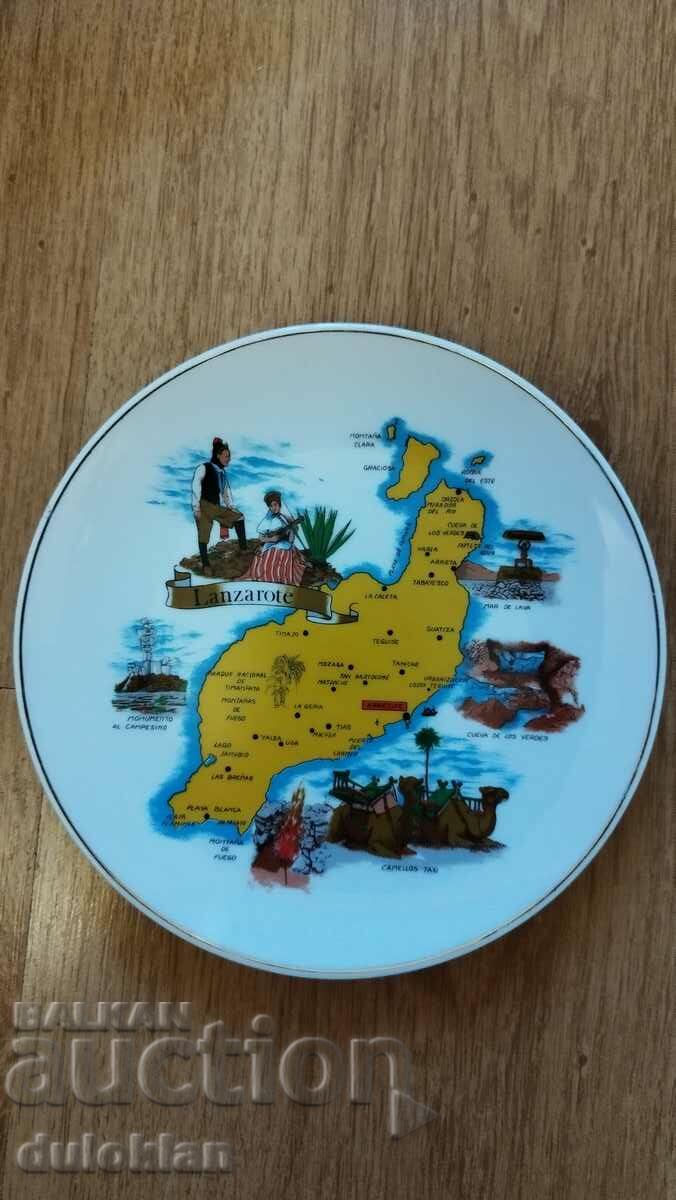 A beautiful porcelain plate with a view from Lanzarote, Spain