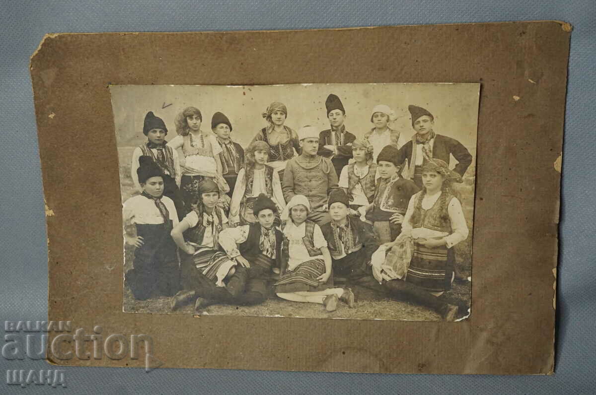 Old picture hard cardboard Youth uniform children with folk costumes