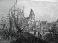 gravură veche secolul al XIX-lea Franța Treport nave