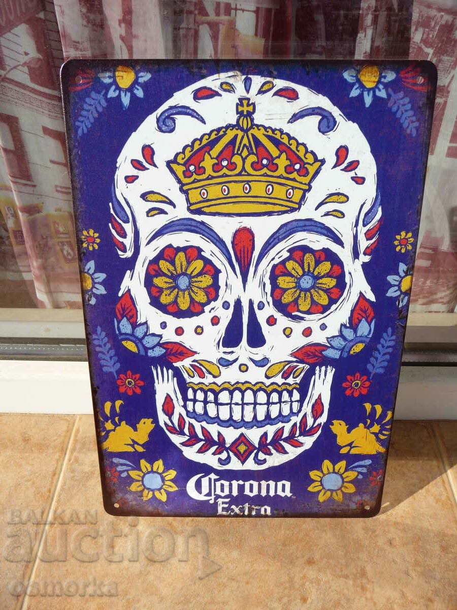 Semn metalic bere Corona Extra craniu flori reclamă bere