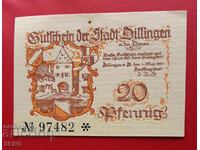 Τραπεζογραμμάτιο-Γερμανία-Βαυαρία-Dillingen-20 pfennig 1920