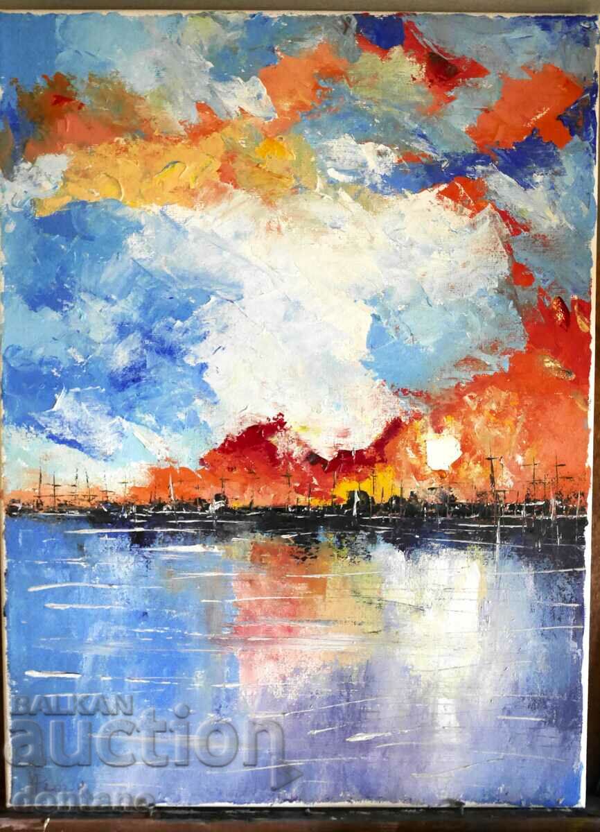 Abstract oil painting - Landscape - Sea city 40/30 cm