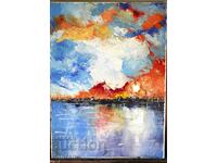 Abstract oil painting - Landscape - Sea city 40/30 cm