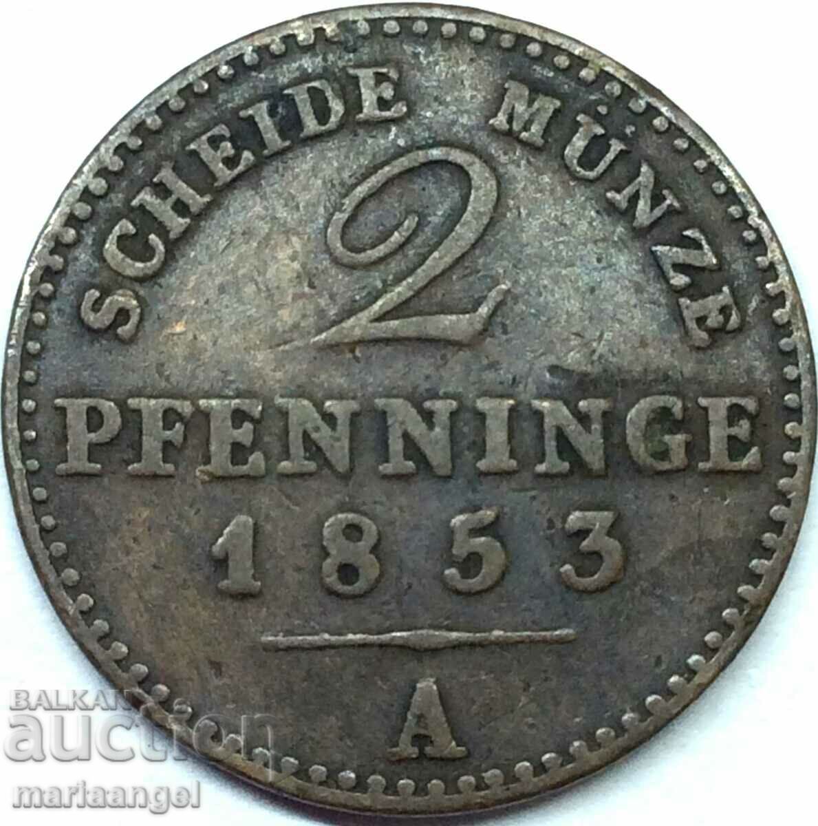 2 pfennig 1853 Prusia Germania cupru