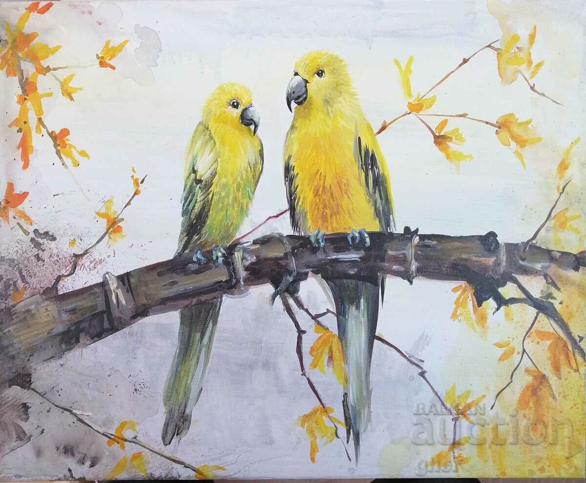 Picture painting with acrylic. Parrots.