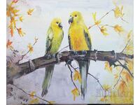 Picture painting with acrylic. Parrots.