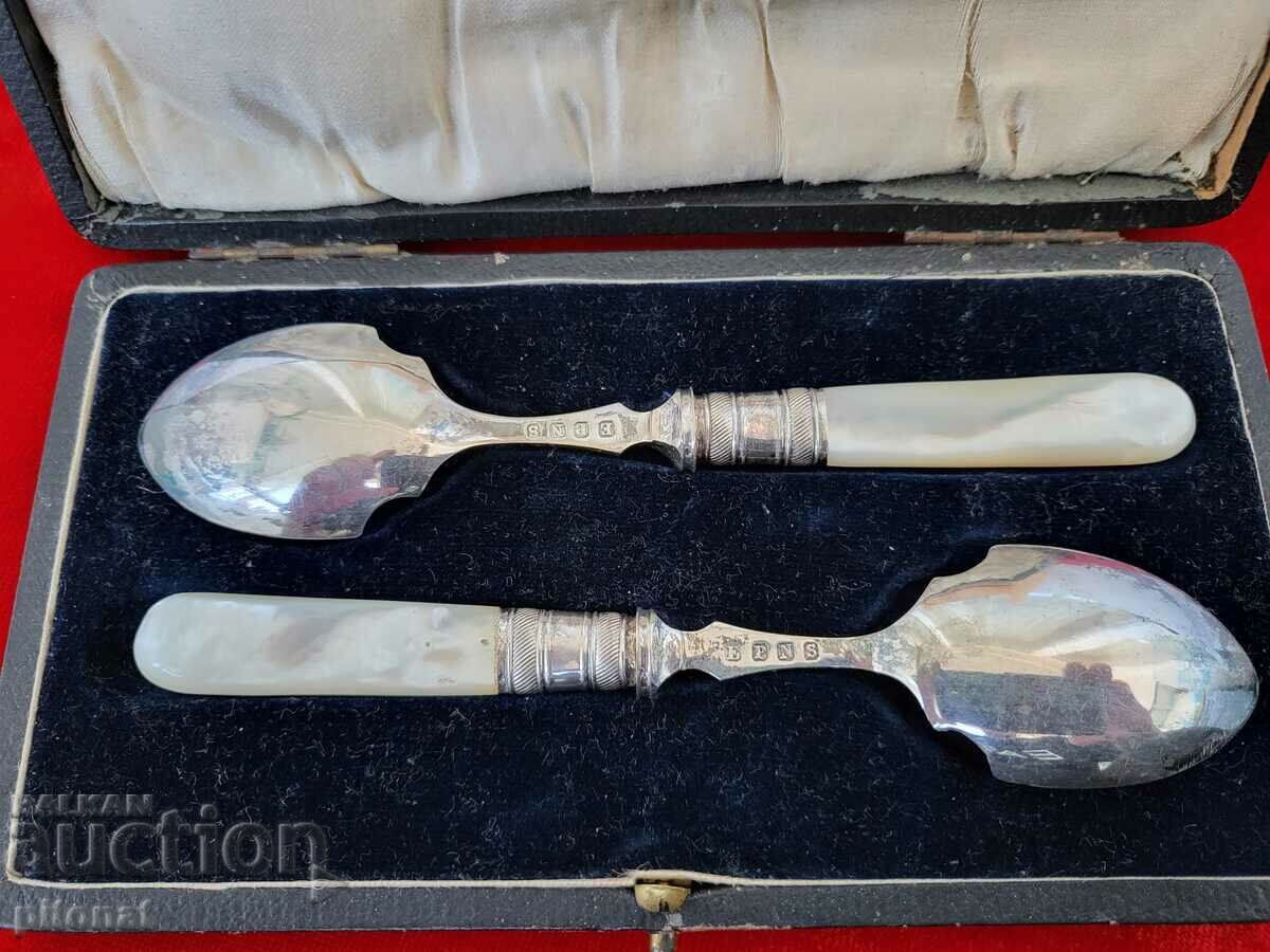 Auction Antique silver plated spoons with mother of pearl handles Auction Antique silver plated spoons with mother of pearl handles