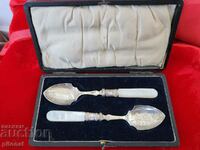 Antique silver plated spoons with mother of pearl handles