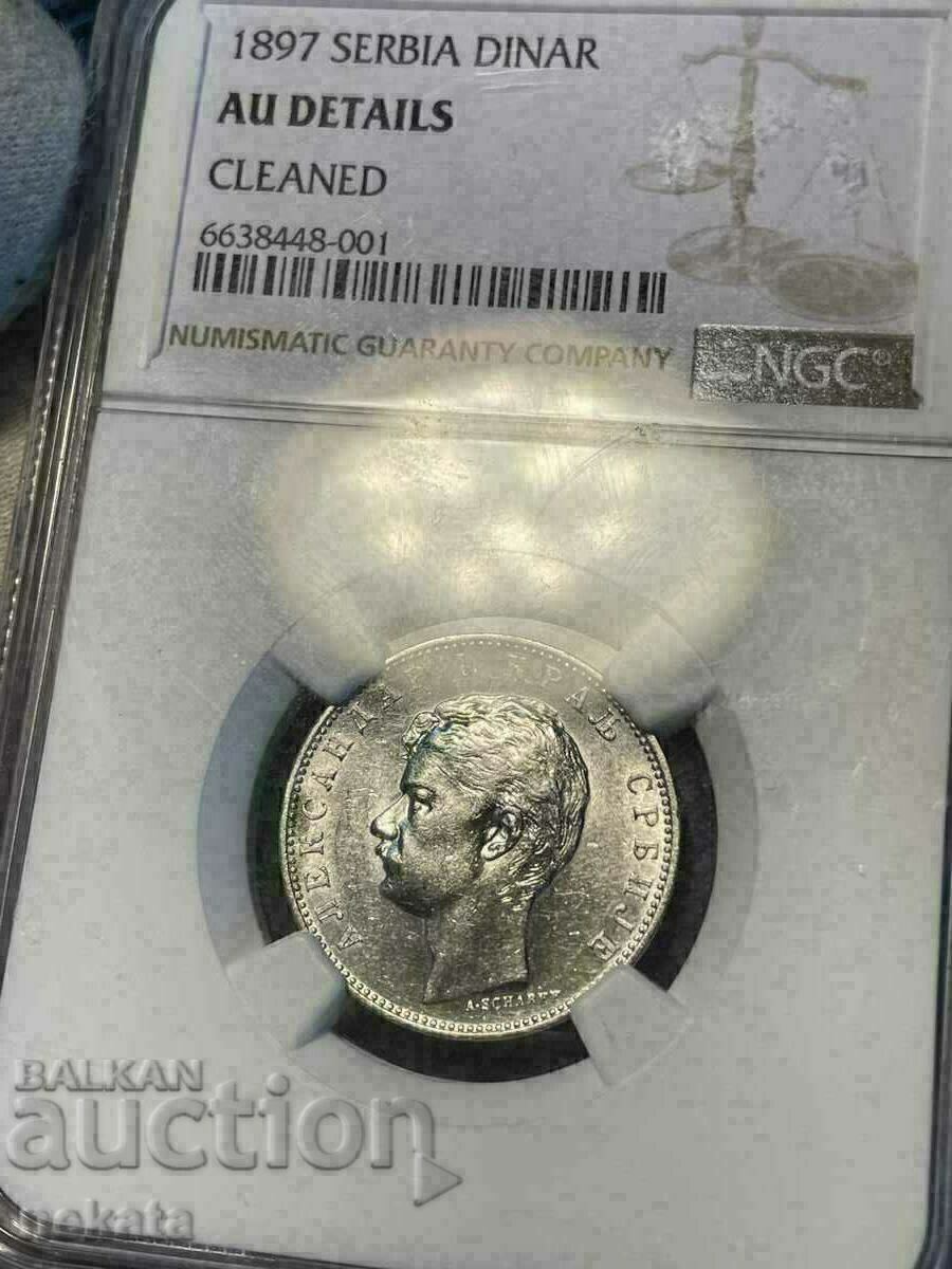 1 Динар 1897 г. Сърбия, AU Details NGC, Сребро