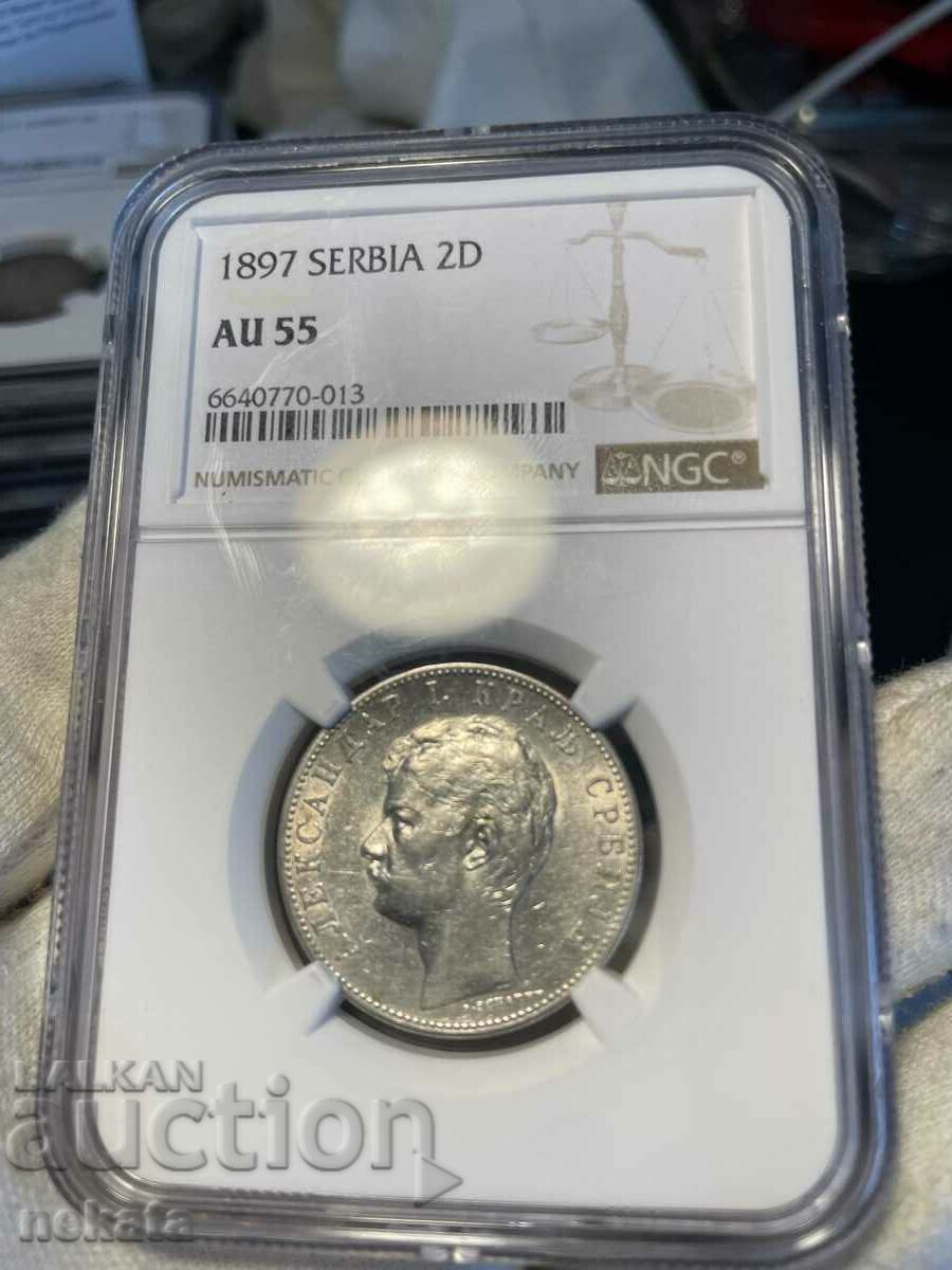 2 Dinars 1897 Serbia, AU55 NGC, Silver