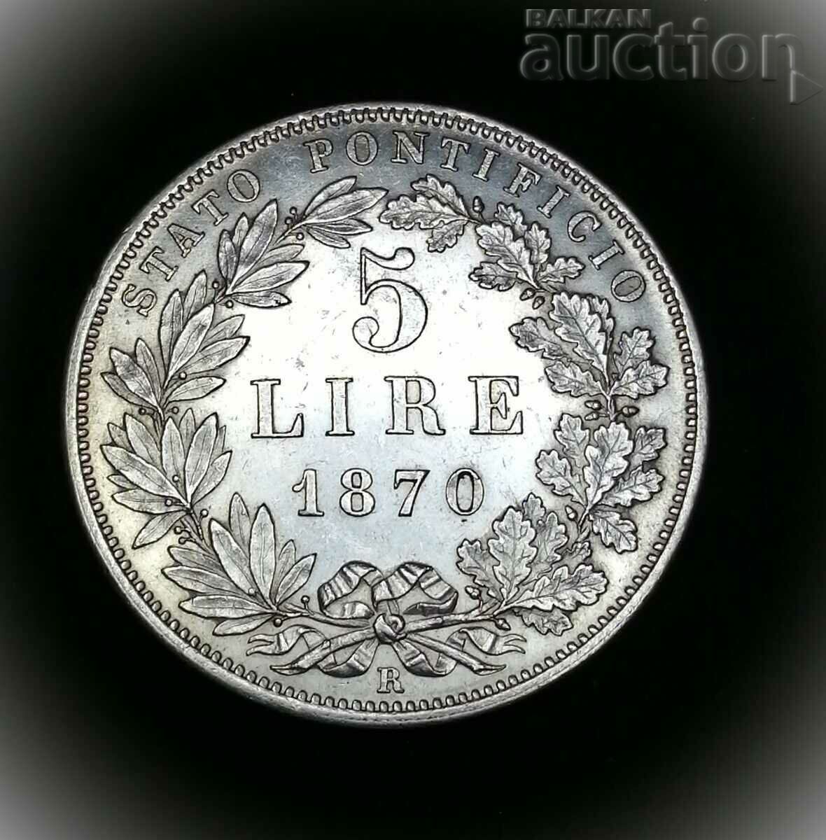 5 Lire 1870 Vatican, Pius IX Argint.