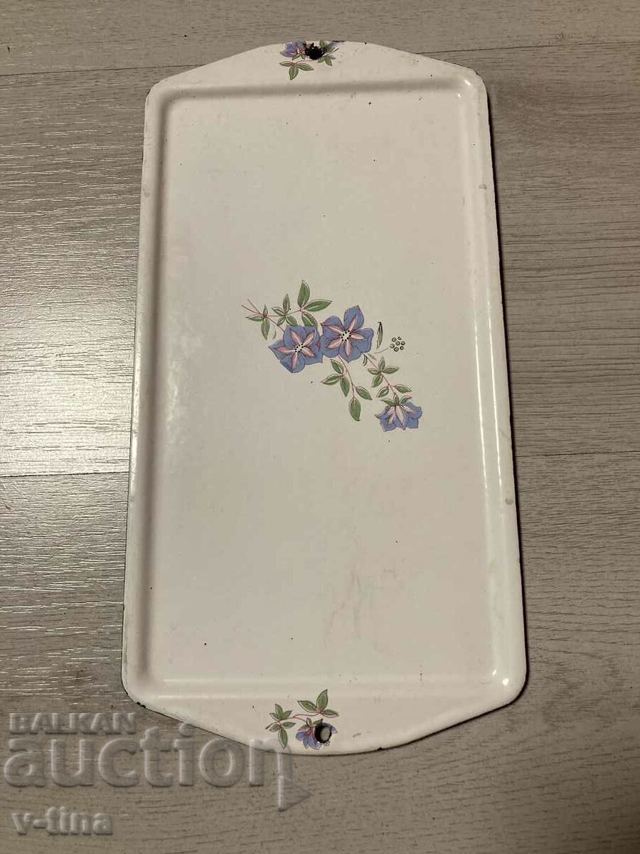 Old metal enamel tray with flowers