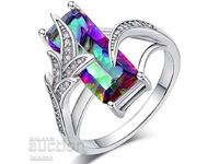 Цветен луксозен правоъгълен дамски пръстен с кубичен циркон