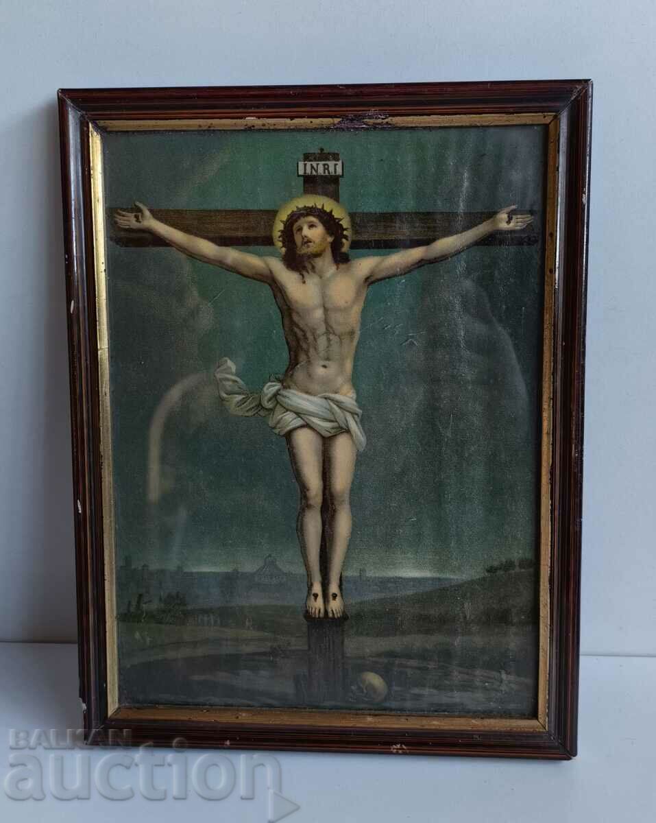 OLD LITHOGRAPH JESUS CHRIST CROSS GLASS FRAME EXCELLENT