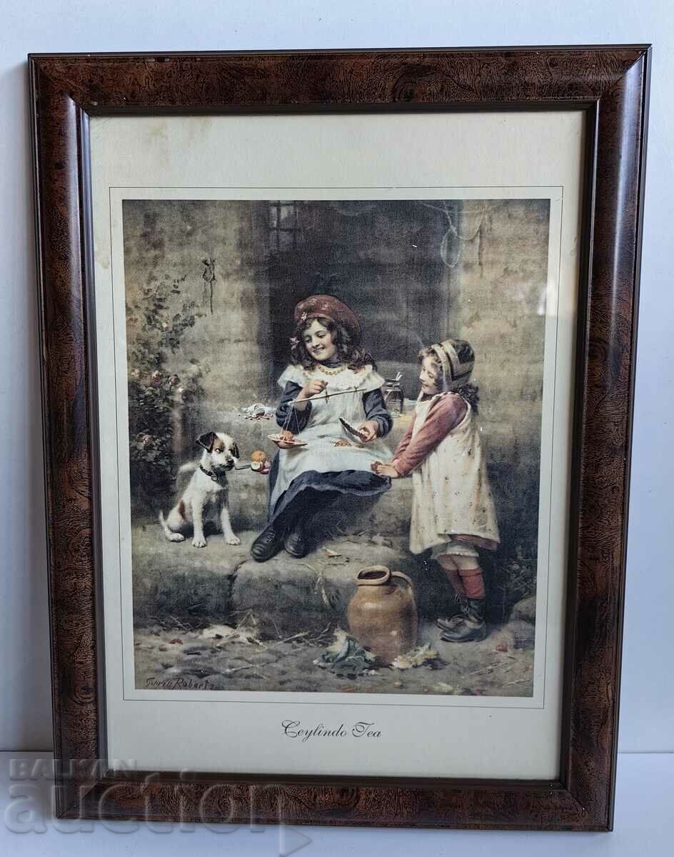 OLD PICTURE REPRODUCTION CHILDREN PUPPY GLASS FRAME EXCELLENT