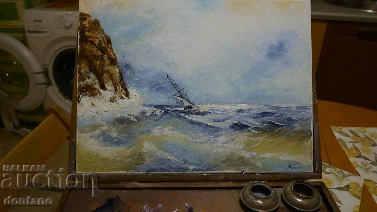 Oil painting - Seascape - Ship in a stormy sea 40/30 cm