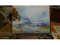 Pictura in ulei - Peisaj marin - Nava intr-o mare furtunoasa 40/30 cm