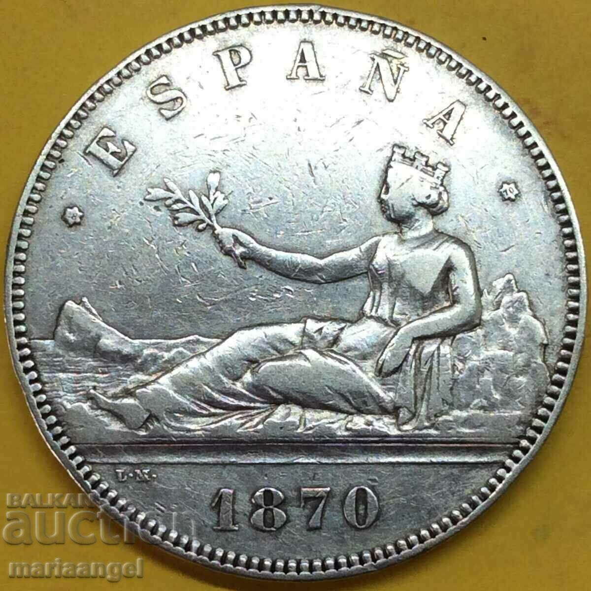 Spain 5 pesetas 1870 Thaler 24.83g 37mm silver