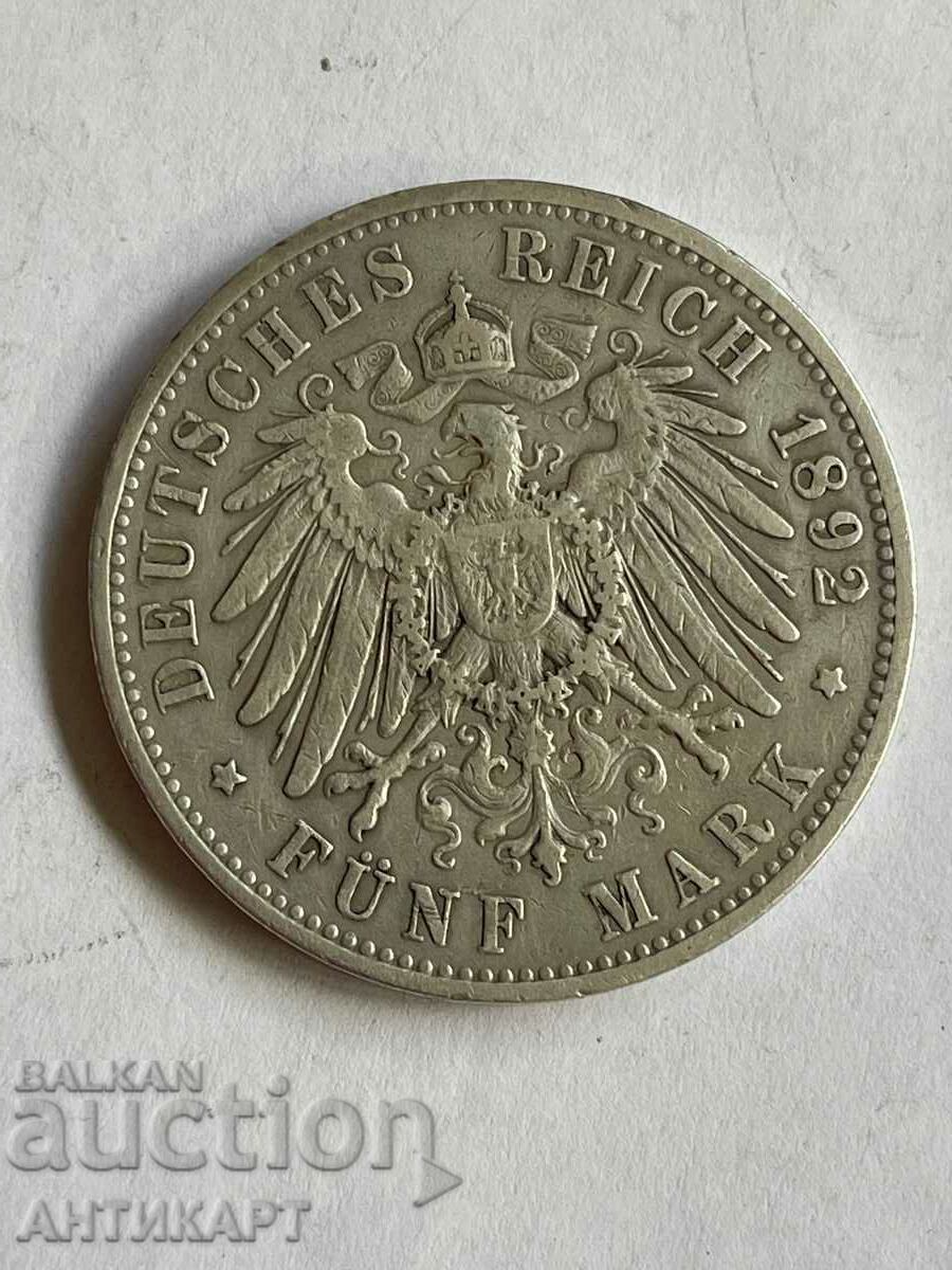 ασημένιο νόμισμα 5 μάρκες Γερμανία 1892 ασήμι Βυρτεμβέργης