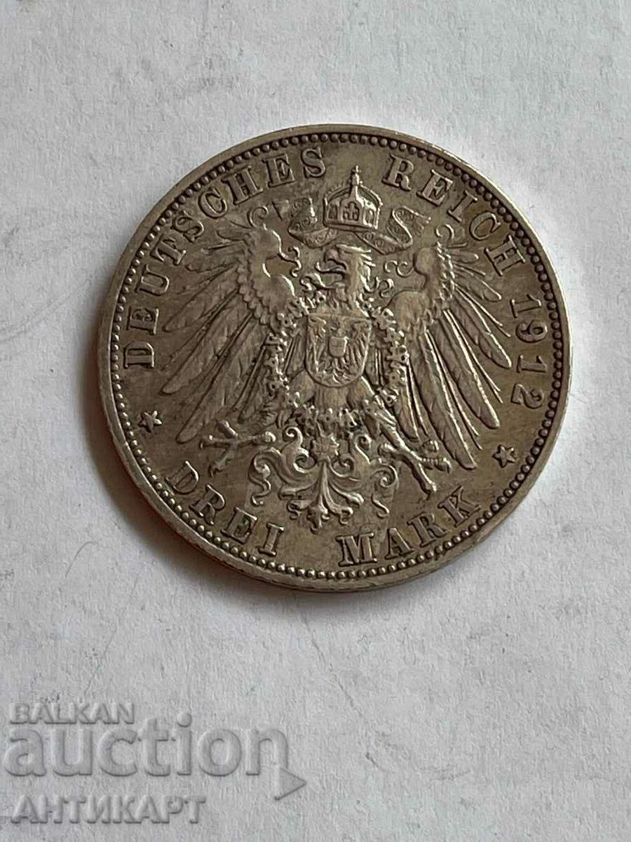 monedă de argint 3 mărci Germania 1912 Otto Bayern argint
