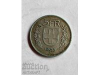 сребърна монета 5 франка сребро Швейцария 1935