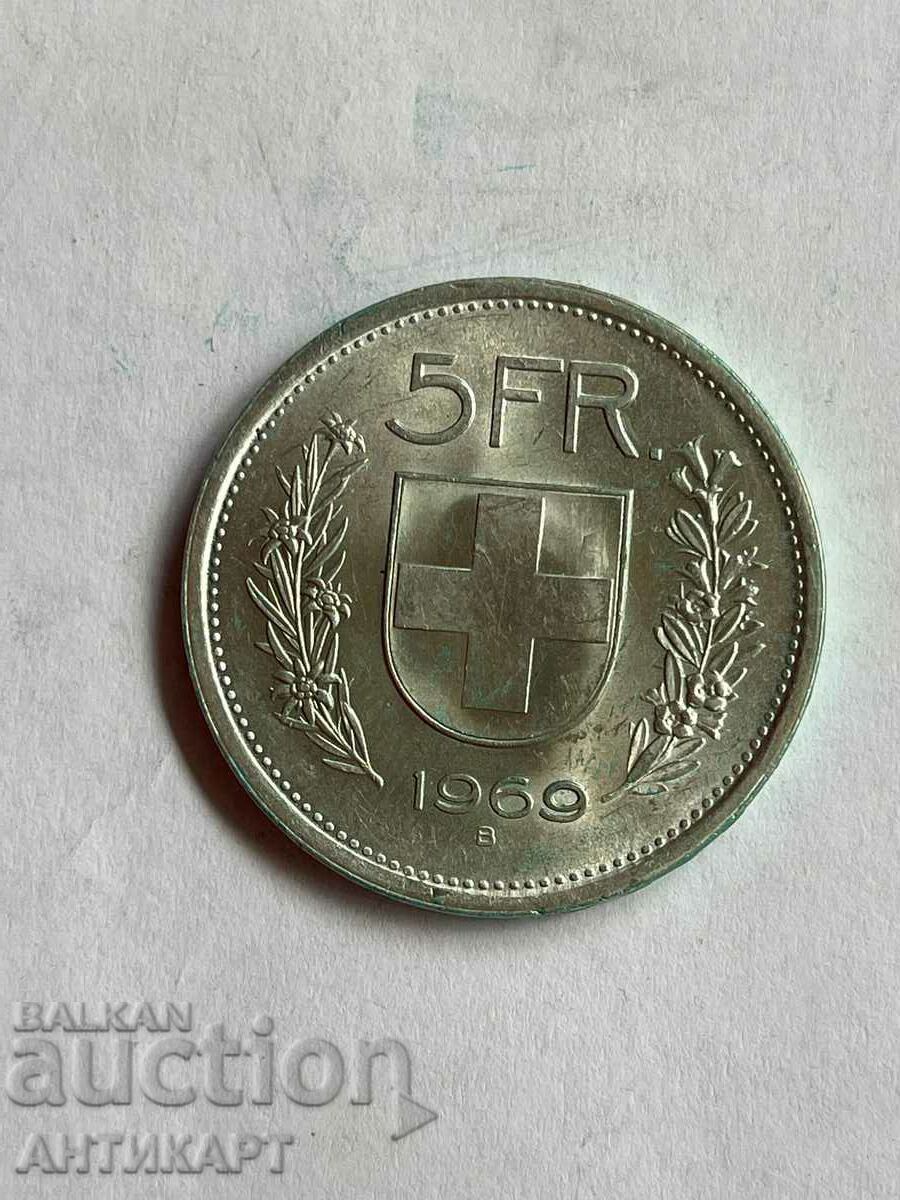 monedă de argint 5 franci de argint Elveția 1969