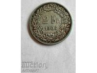 silver coin 2 francs Switzerland 1906 silver