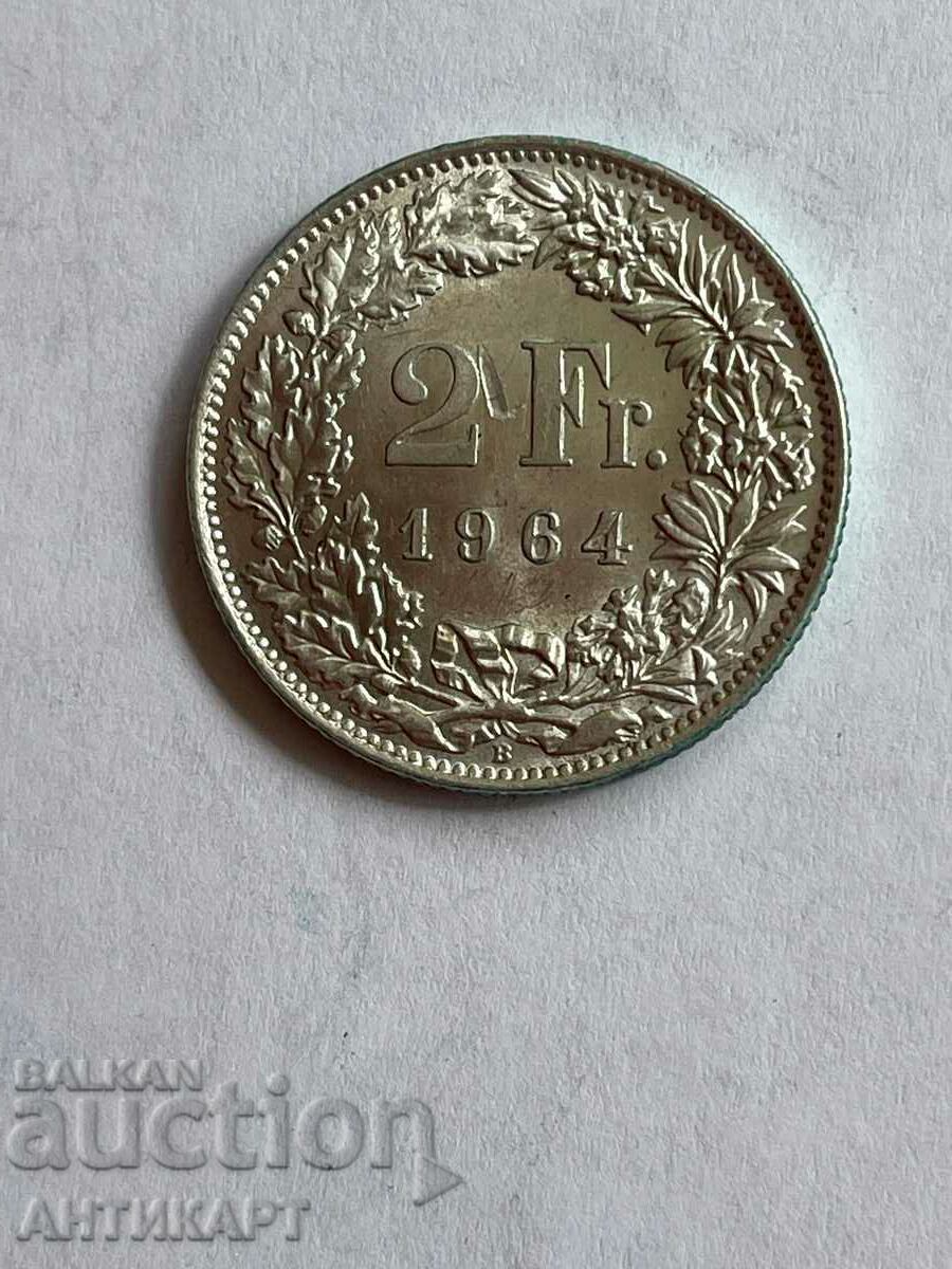 monedă de argint 2 franci Elveția argint 1964