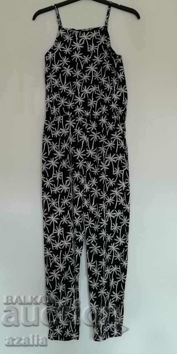 Women's jumpsuit, black with white palm trees