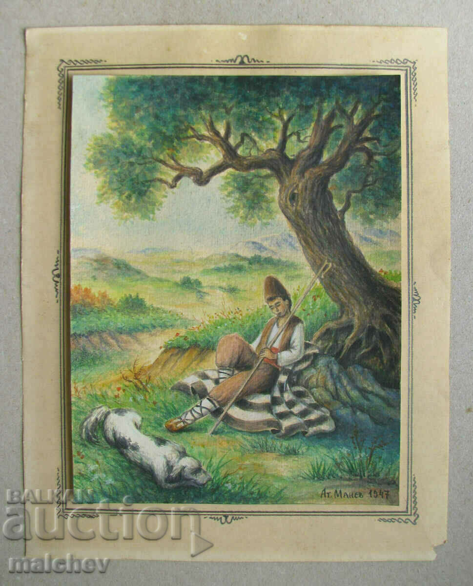 Watercolor painting At noon (shepherd) 1947, At. Manev, excellent