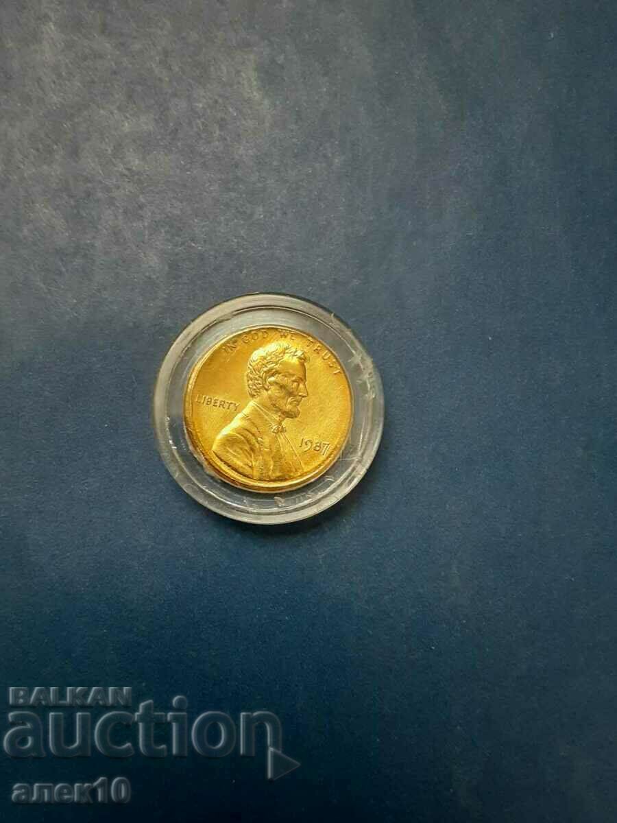 USA 1 cent 1987 gold plated