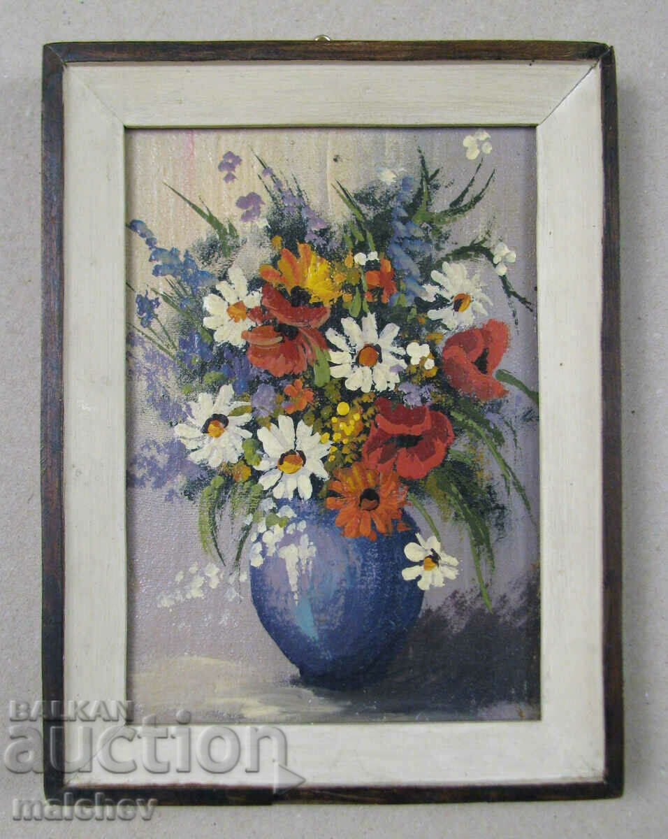 Oil painting Flowers in a blue vase, framed 15/20, excellent