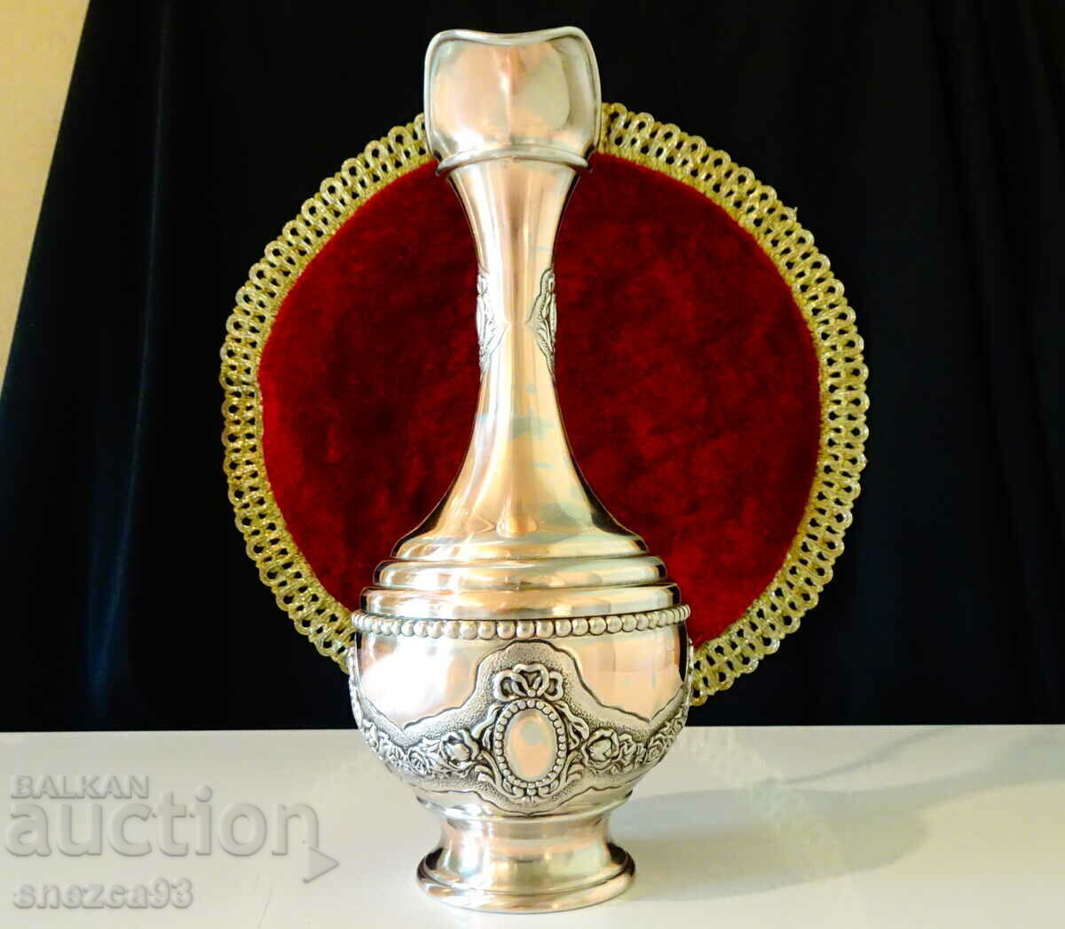 Silver-plated copper jug, roses, ornaments. with price 59.00 BGN | € 30.17 Silver-plated copper jug, roses, ornaments. with price 59.00 BGN | € 30.17