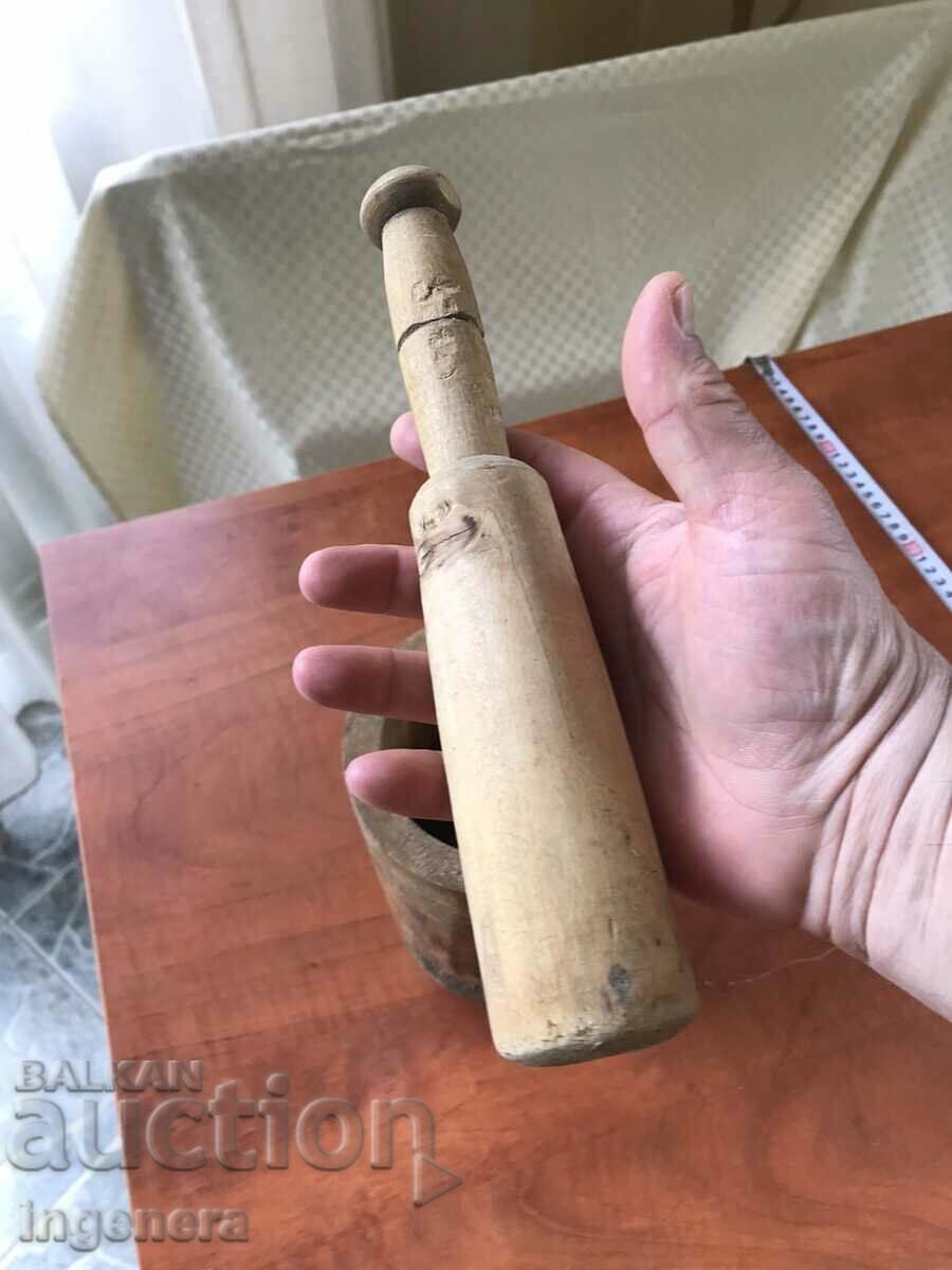 LARGE ANTIQUE WOODEN MORTAR WITH HAMMER - 5 LARGE ANTIQUE WOODEN MORTAR WITH HAMMER - 5