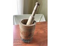 LARGE ANTIQUE WOODEN MORTAR WITH HAMMER