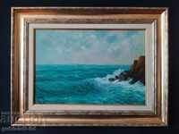 Kартина, пейзаж, море, скали, худ. Кр. Върбанов, 1992 г.