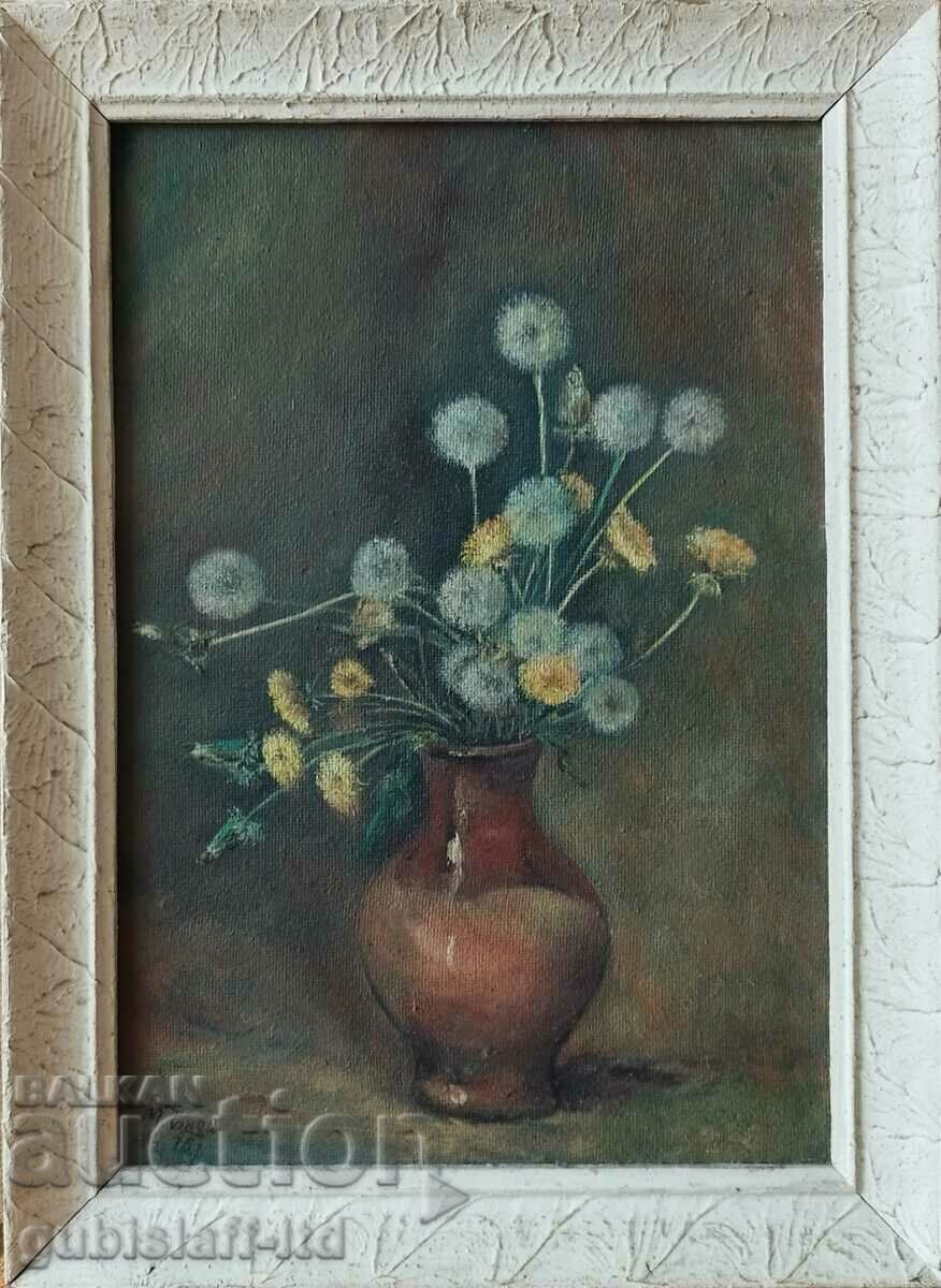 Painting, vase with dandelions, art. M. Chanev, 1976