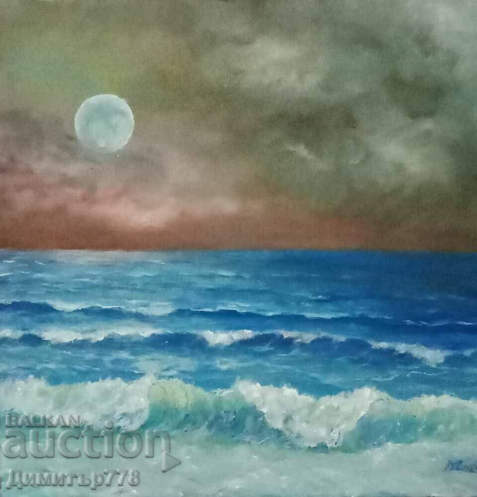 Peisaj marin, noapte cu lună pe mal, petrol. vopsele, artistul D. Lozinski