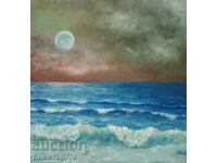 Θαλασσογραφία, φεγγαρόλουστη νύχτα στην ακτή, λάδι. ζωγραφίζει, καλλιτέχνης D. Lozinski