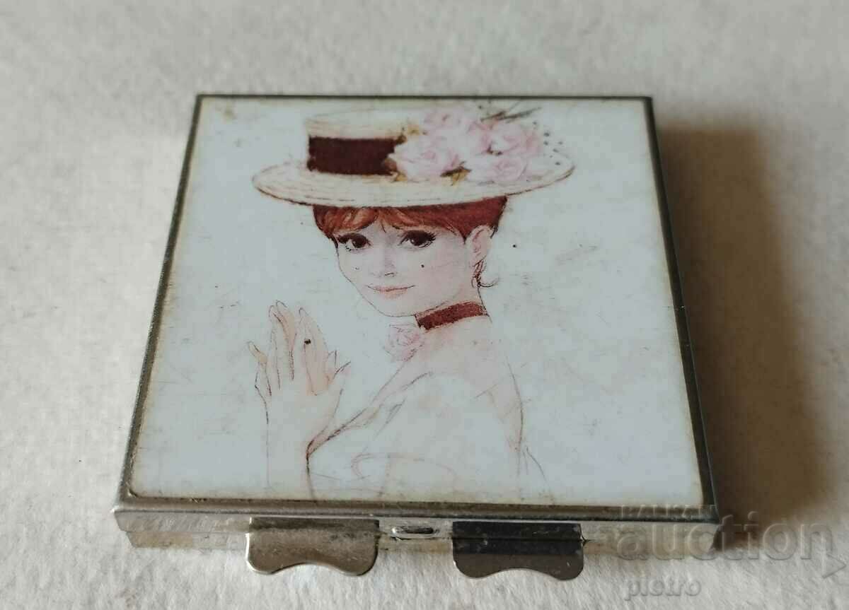 Vintage Γυναικείο Τέχνης Τετράγωνος Καθρέφτης Κοριτσιού με Καπέλο.