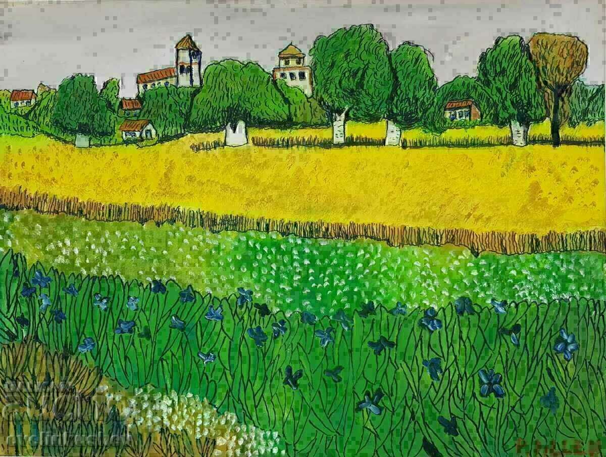 Glam oil painting "Polish landscape with irises"