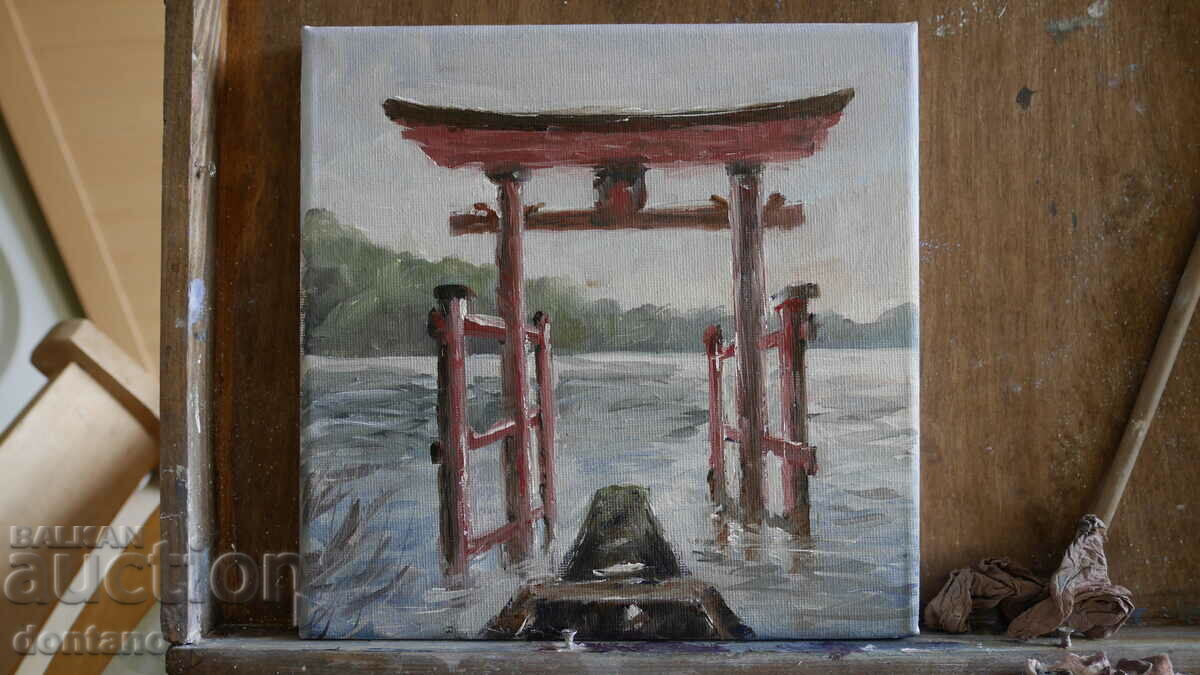 Oil painting landscape - Japan - Hakone Shrine 20/20cm