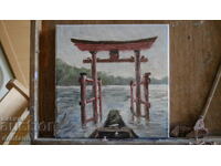 Oil painting landscape - Japan - Hakone Shrine 20/20cm