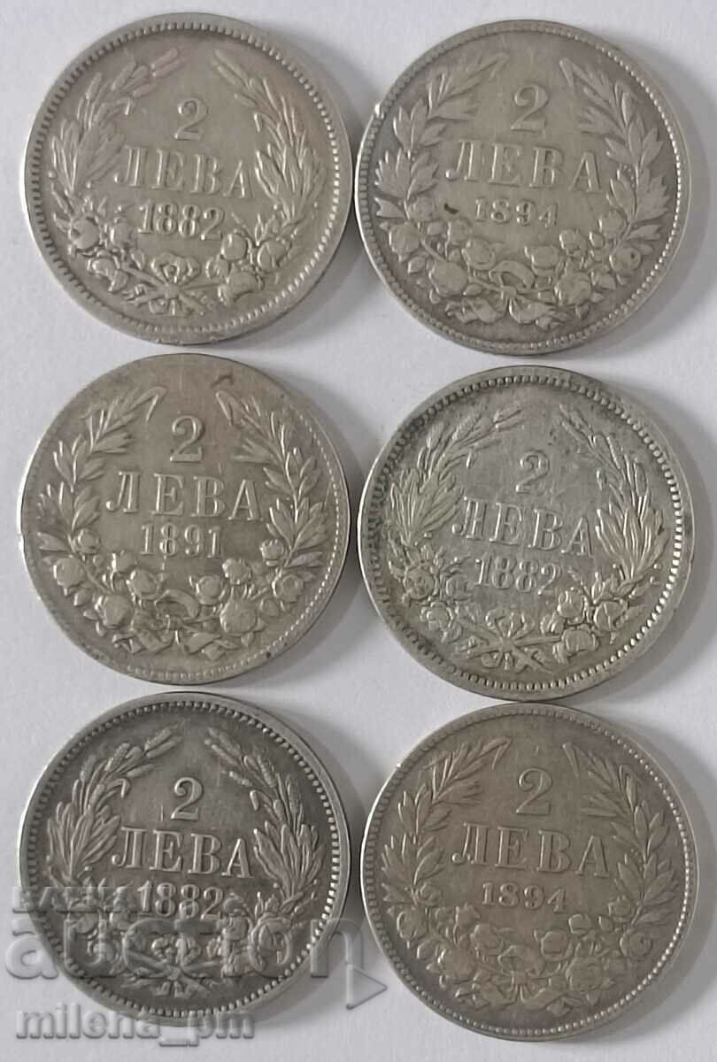 Лот от шест броя сребърни монети -2 лева