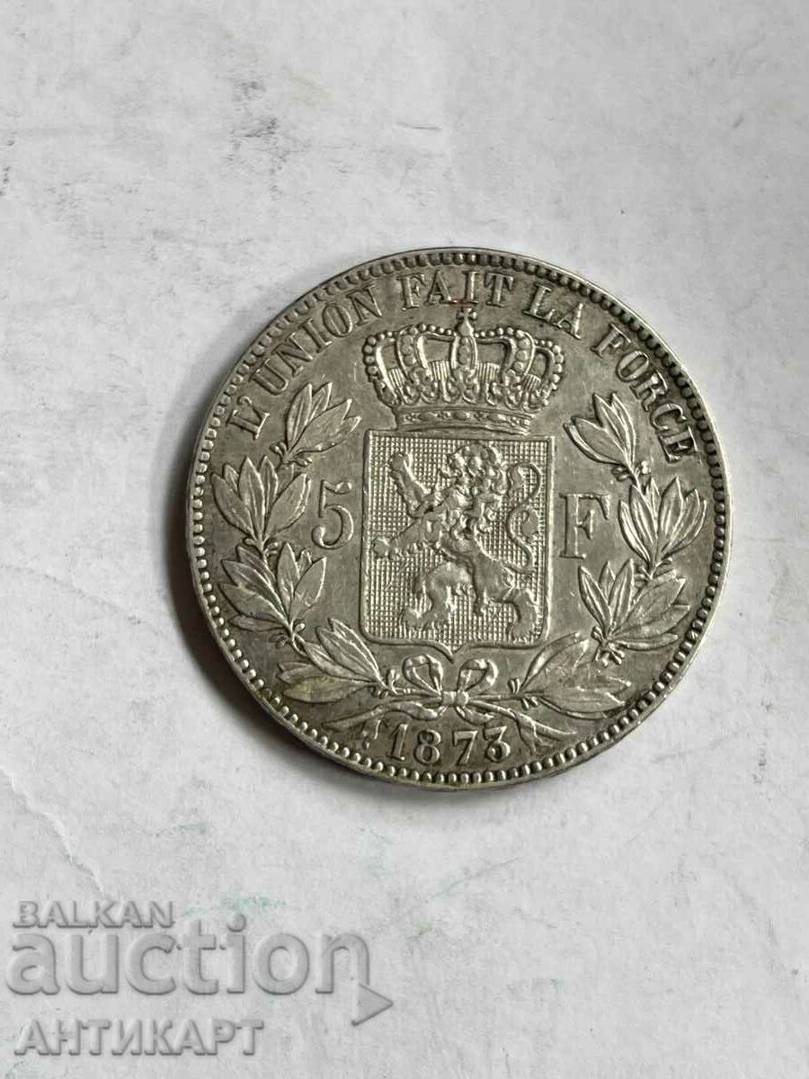 monedă de argint 5 franci Belgia 1873 argint