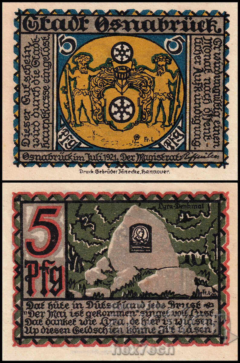 ❤️ ⭐ Notgeld Osnabrück 1921 5 пфенинга UNC нова ⭐ ❤️