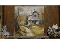 Pictura in ulei - Peisaj de padure - Casa de la marginea drumului - 20/20cm